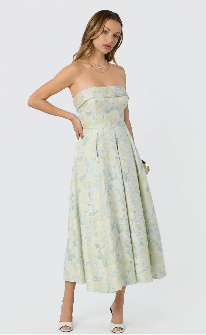 Astr The Label Destini Floral Jacquard Strapless Midi Dress Size Large (New)
